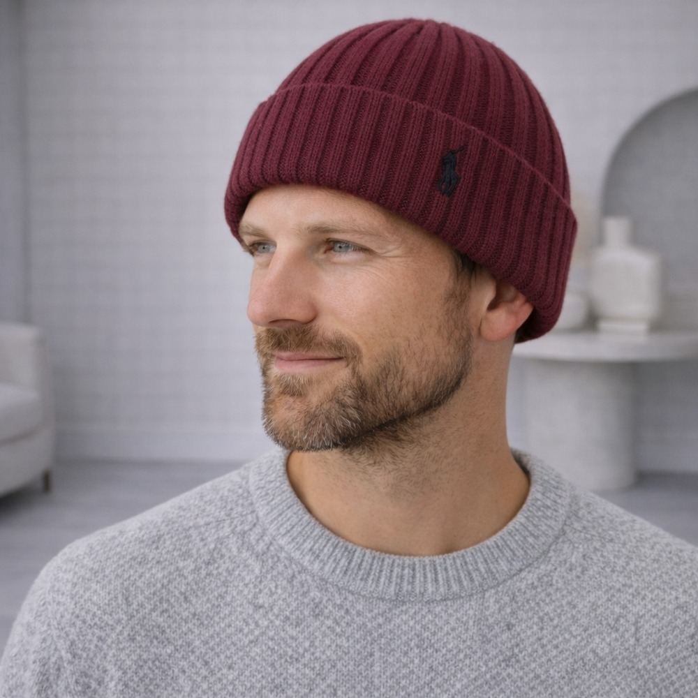 POLO‎ RALPH LAUREN New Burgundy/ Wine Rib Knit Wool Blend Beanie Hat One Size